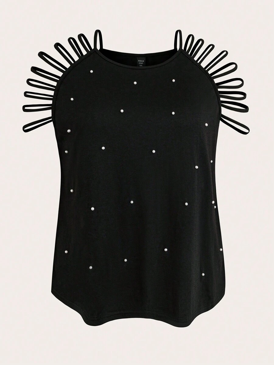Calvaya Plus Size Women Summer Loose T-Shirt With Hollow Sleeves And Beaded Details - Black - View 1
