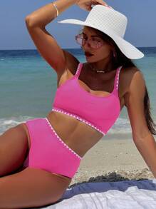 SHEIN Swim Women Colorblock Bikini Swimwear Set, Perfect For Beach Vacation In Summer,Summer Beach - Pink - View 1