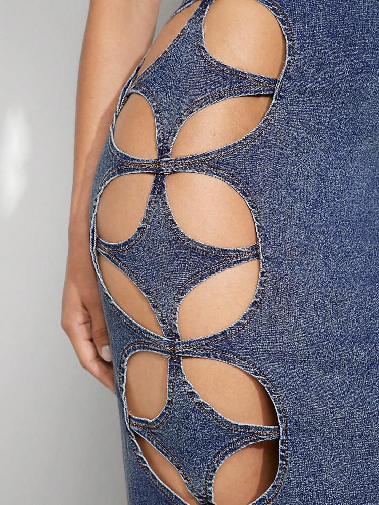 Geo Cut Out Bodycon Halter Denim Dress For Summer