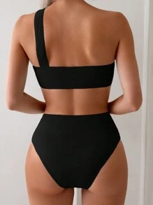 SHEIN Swim 女士純色一字肩無袖性感比基尼套裝，適用於渡假 - 黑色 - 查看 2