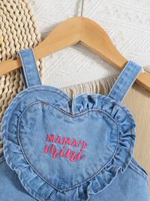 SHEIN Salopette in denim per bambine con motivo 'Love' e ricamo con lettere, adatte per esterni e tempo libero, tessuto lavato ad acqua confortevole