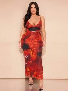 SHEIN BAE Conjunto de dos piezas con camisola estampada y falda larga para las vacaciones de verano de mujeres de talla grande