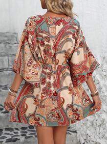 SHEIN LUNE Vestido recto holgado de manga murciélago con cuello en V y estampado de plantas para mujer en vacaciones de verano