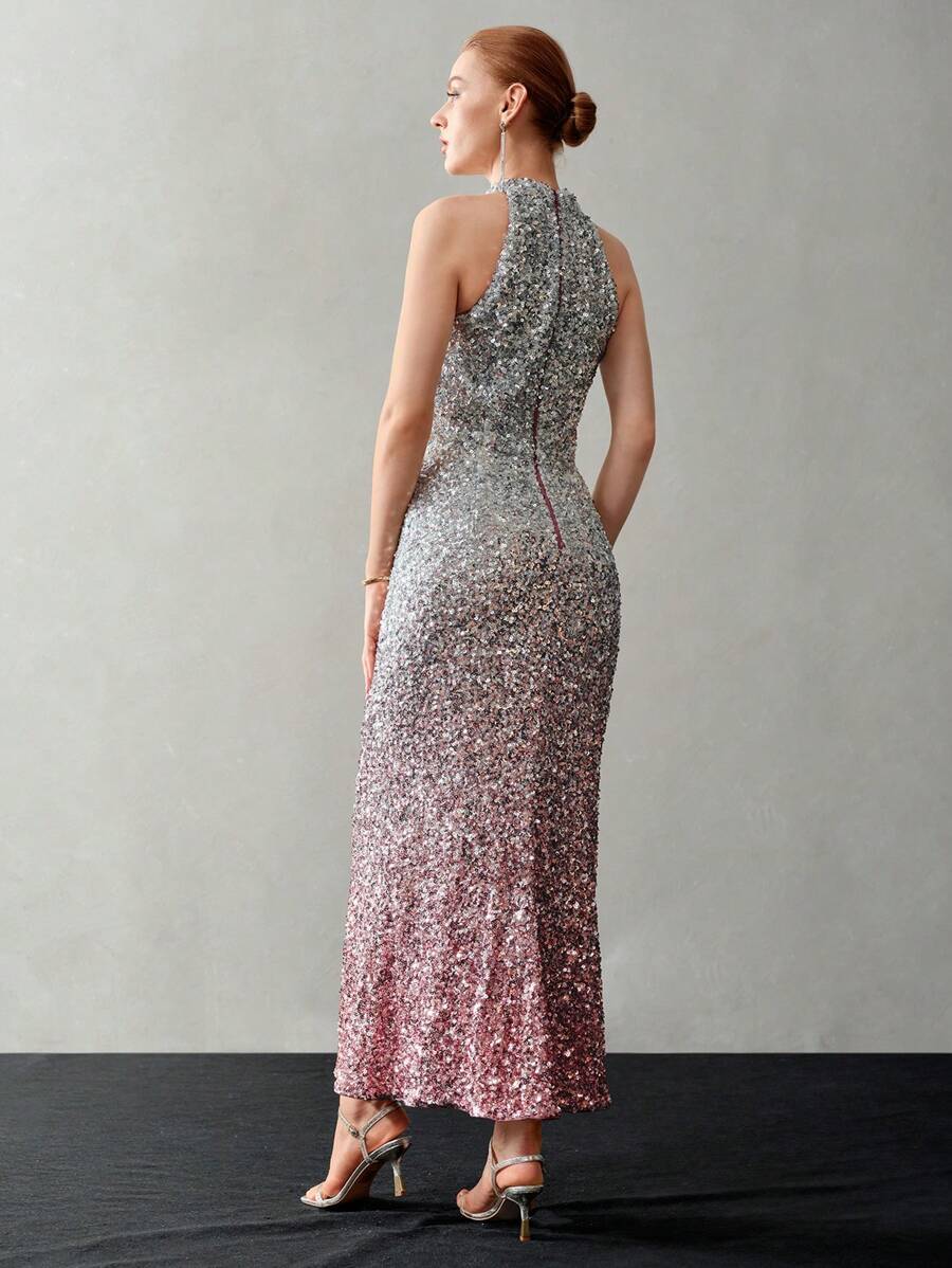 MOTF PREMIUM OMBRE SEQUINS HALTER NECK DRESS,HOLIDAY PARTY BIRTHDAY FORMAL EVENING OCCASSION - Silver - View 2