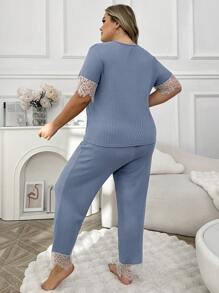 大碼蕾絲拼接V領純色短袖上衣和褲子睡衣套裝 - 藍色 - 查看 2