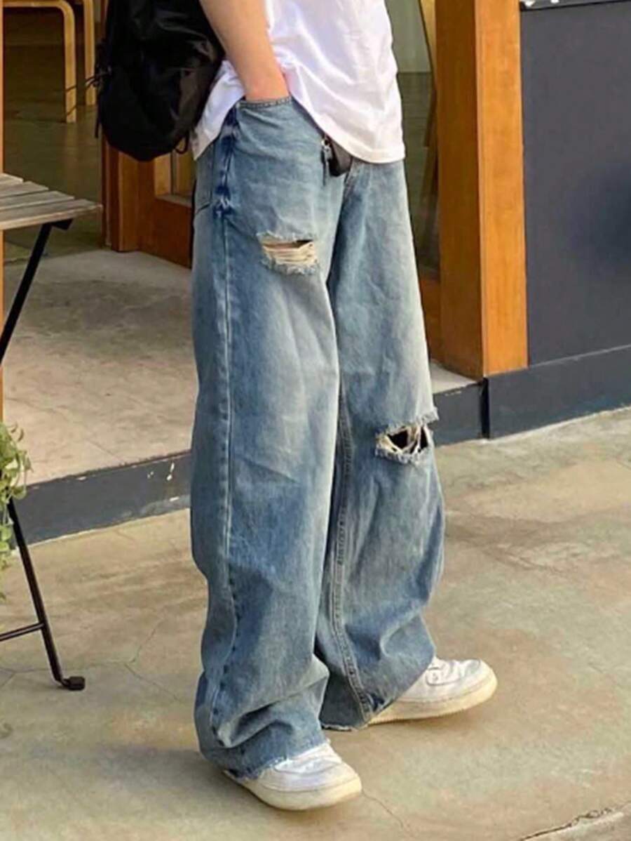 DAZY Men Straight-Leg Jeans With Ripped Design And Pockets, Suitable For All Seasons - Light Wash - View 1