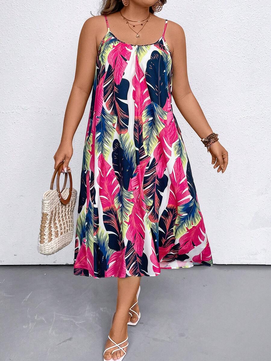 SHEIN Holidaya 大碼度假休閒植物印花肩帶連衣裙 - 彩色 - 查看 1
