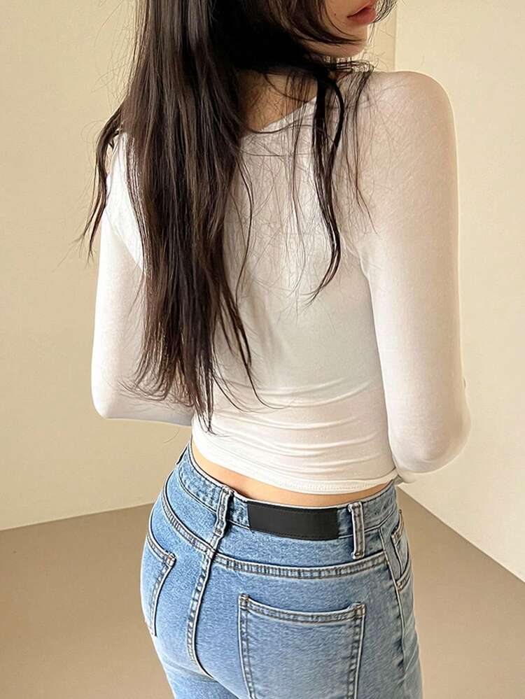 Women Solid Color Ruched Slim Fit T-Shirt With Front Tie, Spring Summer Top Long Sleeve Women Tops