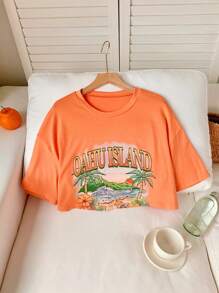 SHEIN Comfortcana 女士假日椰樹印花寬鬆T恤，採用箱型下擺設計 - 橘色 - 查看 3