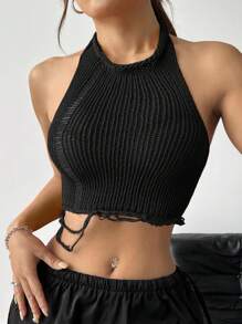 SHEIN EZwear 女款圓領無袖針織純色寬鬆日常休閒背心上衣，背部開叉和頸後掛脖設計 - 黑色 - 查看 4