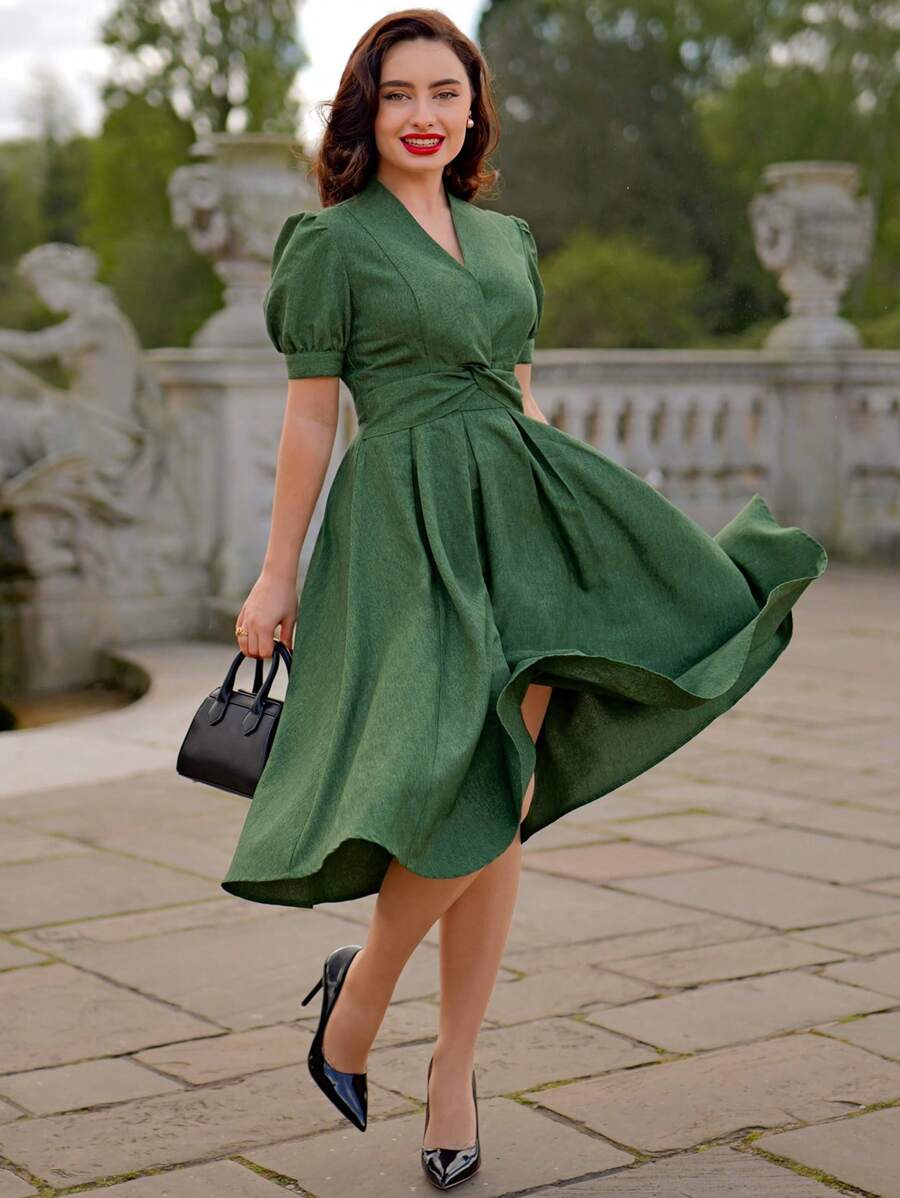Vintamour Vestido corto de mujer elegante y vintage con mangas abullonadas, cuello en V y nudo delantero, ideal para primavera/verano, Día de la Madre, vestidos de verano, vestidos de fiesta, bodas, graduaciones, fiestas, trabajo, y con estética de "Old Money" en color verde - Verde - Ver 1