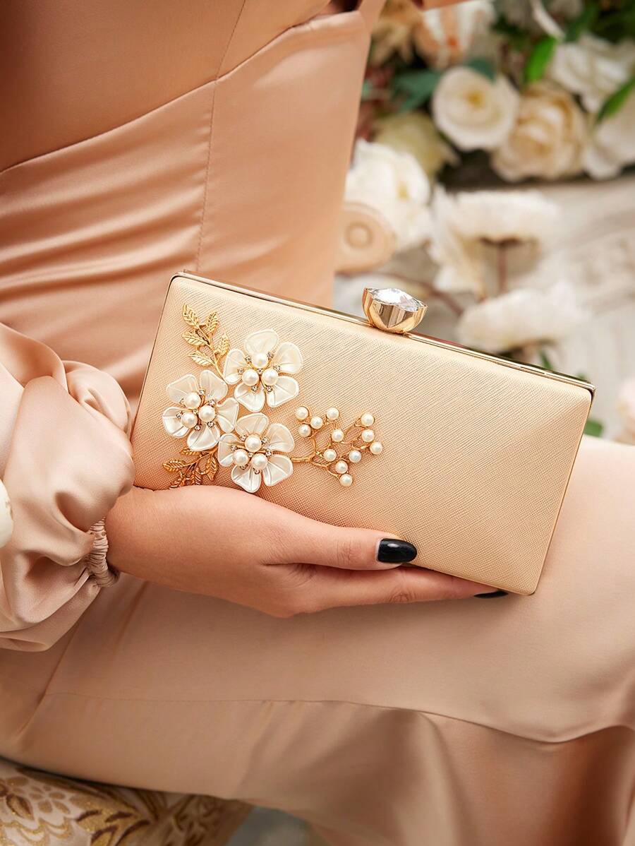 SHEIN Belle 優雅女士手拿包,適用於女孩、女士、女大學生、新娘、伴娘、婚禮客人、蜜月、婚禮等場合 - 金色 - 查看 1
