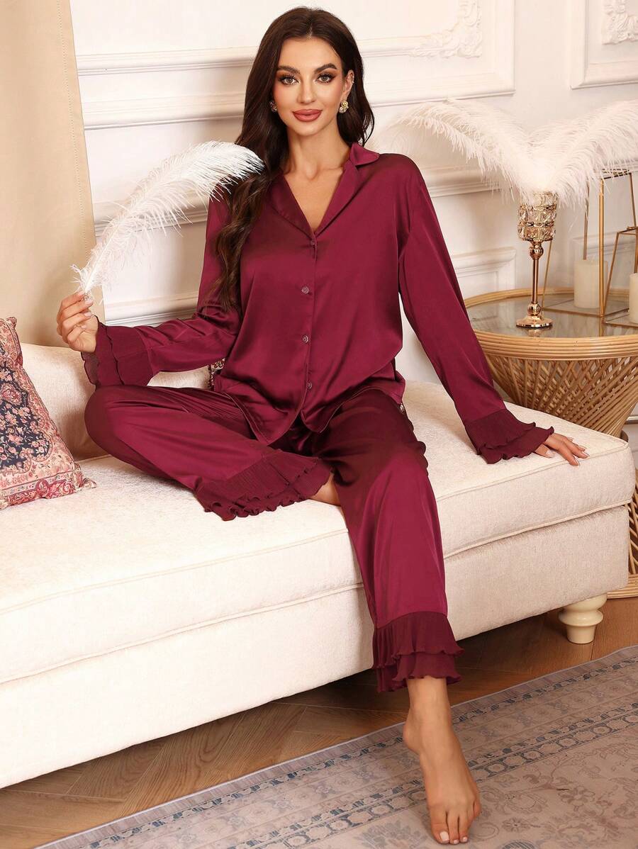 SHEIN Women Ruffle Decorated Single Breasted Long Sleeve Top And Pants Pajama Set, Fall Winter Clothes - Burgundy - View 1