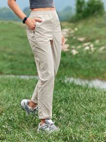 In My Nature Pantalones para exteriores casuales sencillos de unicolor para mujeres - Caqui - Ver 4