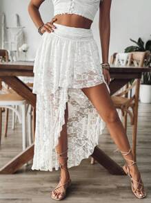 Breezaya Women Holiday Solid Color Lace High-Low Skort With Elegant Appearance