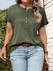 INAWLY 大码女式夏季纯色纽扣半襟圆领短袖休闲 T 恤 - 藍色 - 查看 4