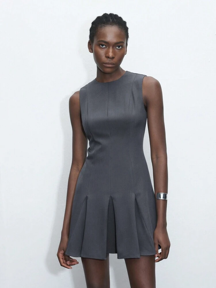 SHEIN Maija Semi-Formal Casual Women Dress, Ladies Gray Pleated Round Neck Sleeveless Mini Dress