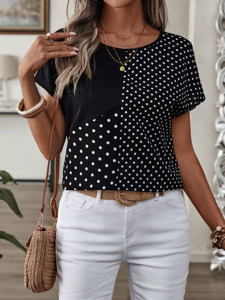 Chemise décontractée ample à col rond imprimée de pois pour femmes, manches courtes, hauts manches courtes
