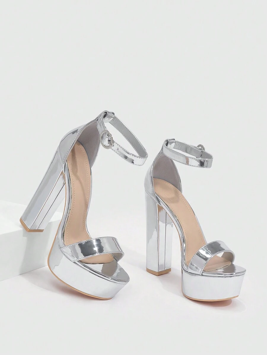 CUCCOO SZL 女鞋金屬粗跟銀色腳踝帶涼鞋,適用於春夏季節 - 銀色 - 查看 1