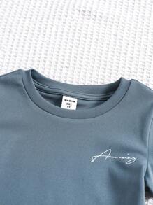 SHEIN 年輕男孩合身簡約休閒字母印花短袖長褲針織兩件式家居睡衣套裝