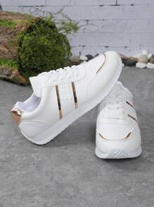 Fashion Women Flat Shoes, Autumn/Winter Korean Style Letter Print Casual Sports Sneakers, White Running Shoes With Soft Sole