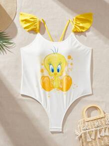 LOONEY TUNES X SHEIN Đồ bơi liền thân dệt kim hở lưng họa tiết hoạt hình khối màu cỡ lớn cho nữ, mùa hè - Nhiều màu - Xem 1