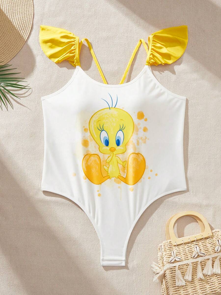 LOONEY TUNES X SHEIN Đồ bơi liền thân dệt kim hở lưng họa tiết hoạt hình khối màu cỡ lớn cho nữ, mùa hè - Nhiều màu - Xem 1