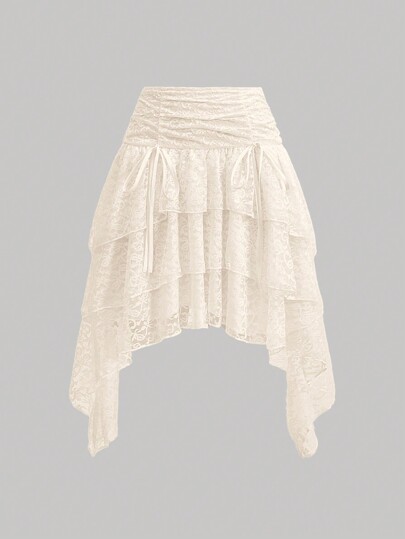 SHEIN MOD White Lace Decorated Asymmetric Ruffle Hem Skirt,Concert Outfits,Summer Skirts,Summer,White Skirt