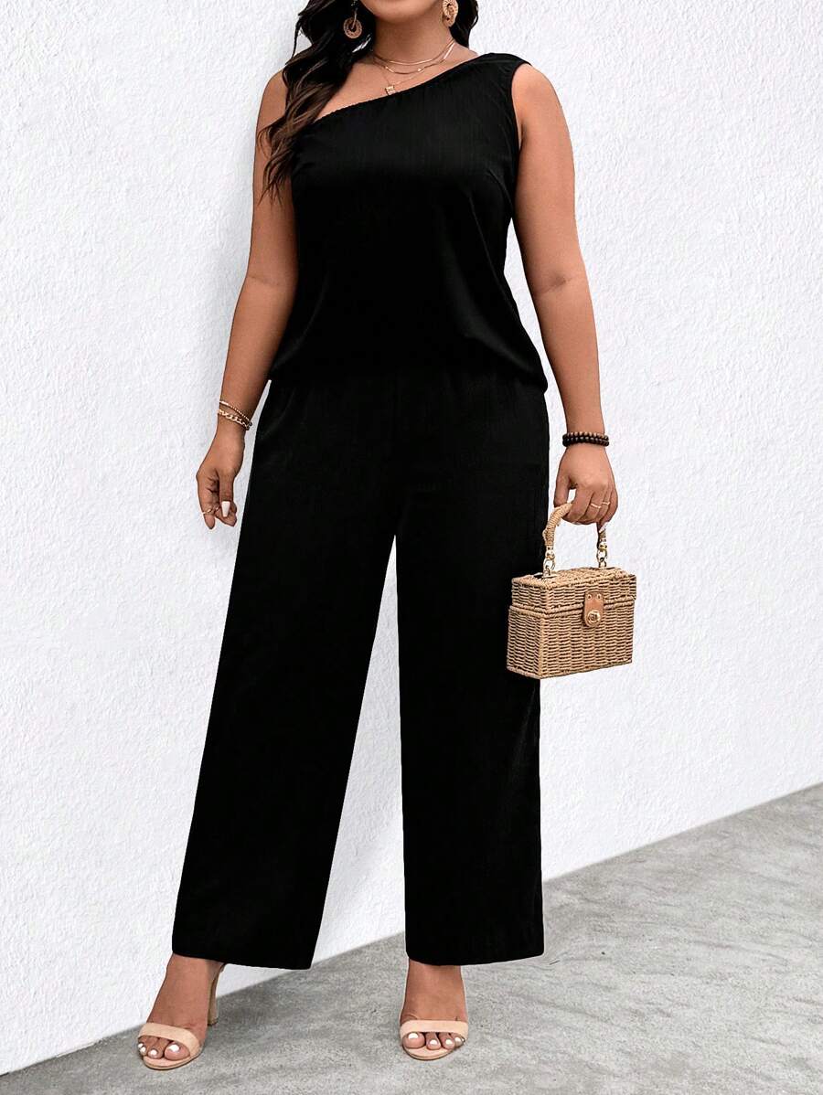Breezaya Conjunto de 2 piezas sueltas para mujer de talla grande, parte superior sin mangas de un solo hombro y pantalones de pierna ancha de unicolor para el uso casual - Negro - Ver 1