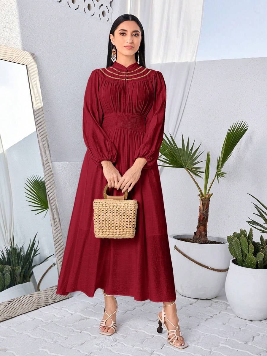 Modelyn Burgundy Red Women's Elegant Lantern Sleeve Cinched Waist Dress With Woven Belt - Burgundy - View 1