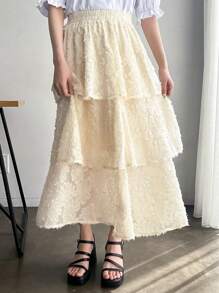 FRIFUL Women Cut-Out Elastic Waist Multi-Layered Hem Long Skirt - Beige - View 1