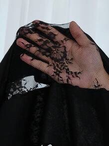 SHEIN Privé 優雅的蕾絲拼接A字型大尺碼夏季裙，非常適合旅行、休閒和約會 - 黑色 - 查看 6