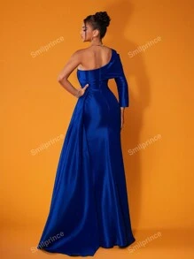 Smilprince Elegancka niebieska jednoramienna sukienka z wysokim rozcięciem i falbaniastymi detalami, elegancka sukienka na imprezę, sukienki balowe dla kobiet, formalna suknia wieczorowa
