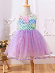 SHEIN Glamorique Kids Vestido de fiesta de princesa para niña con estilo de sirena, de malla y contraste