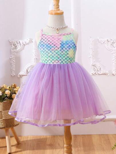 SHEIN Glamorique Kids Young Girl Mermaid Style Mesh Contrast Party Princess Dress