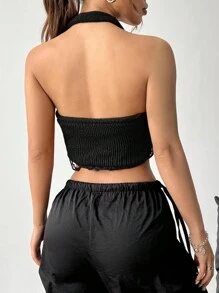 SHEIN EZwear 女款圓領無袖針織純色寬鬆日常休閒背心上衣，背部開叉和頸後掛脖設計 - 黑色 - 查看 2