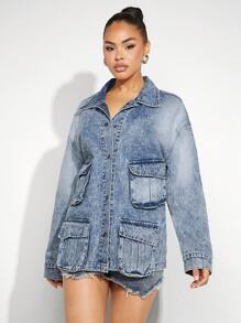 Denimoi 休闲工装落肩牛仔夹克 - 淺色水洗藍 - 查看 3