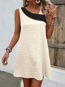Elegant Sleeveless Patchwork Business Commute Dress With Holiday Style - Apricot - View 3