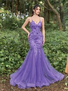 Faeriesty 奢华花卉贴花露背美人鱼下摆吊带连衣裙 - 紫色 - 查看 1