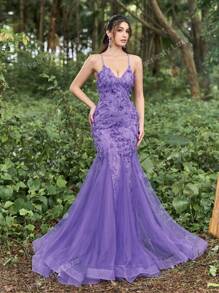 Faeriesty Luxe Floral Applique Backless Mermaid Hem Cami Dress
