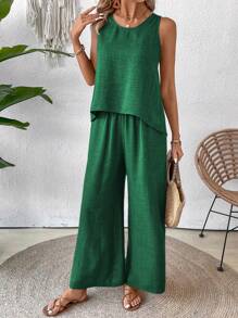 Breezaya Bộ hai mảnh áo không tay phối ren cổ tròn màu trơn và quần dài - Màu xanh lá cây đậm - Xem 3