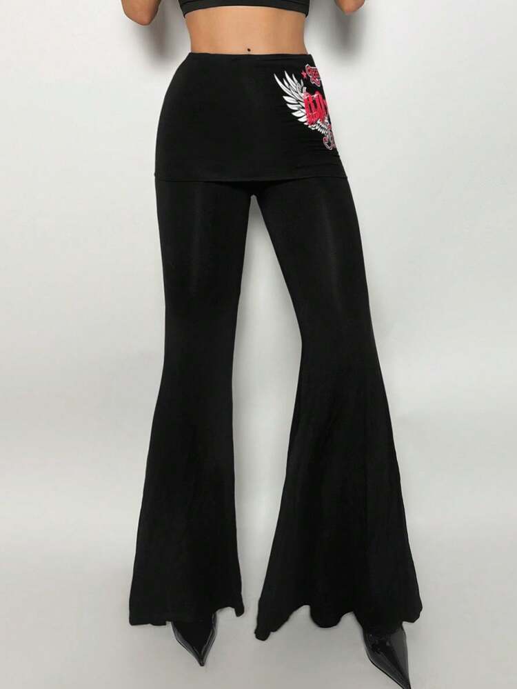 Y2k Summer Slim Fit Fold-Over Waist Vintage Rock Print Flared Pants For Punk Band Style Casual Black Pants Kpop Style Going Out Clothing Concert Outfits Music Festival Festival Outfits
