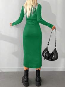 EURMUSE Turtleneck Ribbed Knit Bodycon Jumper Dress Without Belt - Green - View 2