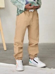 SHEIN Boys Drawstring Waist Trousers - Khaki - View 1