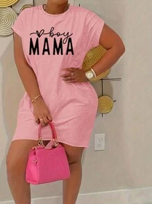 SHEIN LUNE Plus Size Mother Day Letter Print Short Sleeve Dress With Hot Stamping - Pink - View 3