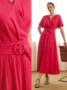 MOTF PREMIUM SOLID SURPLICE NECK BATWING SLEEVE BUCKLE BELTED DRESS