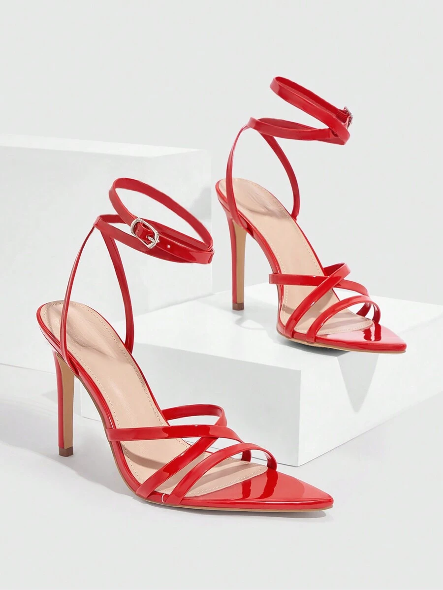 MISSGUIDED Patent Stiletto Sandals Summer Strappy High Heel Wedding Bridal Party Evening Dance Formal Ballroom Occasion Footwear - Red - View 1