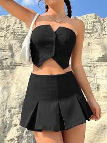 SHEIN EZwear Conjunto para mujeres con top de tubo de unicolor y minifalda plisada simple - Negro - Ver 5