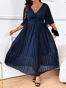 SHEIN Unity Plus Size Summer Elegant Solid Color V-Neck Pleated Dress - Navy Blue - View 4