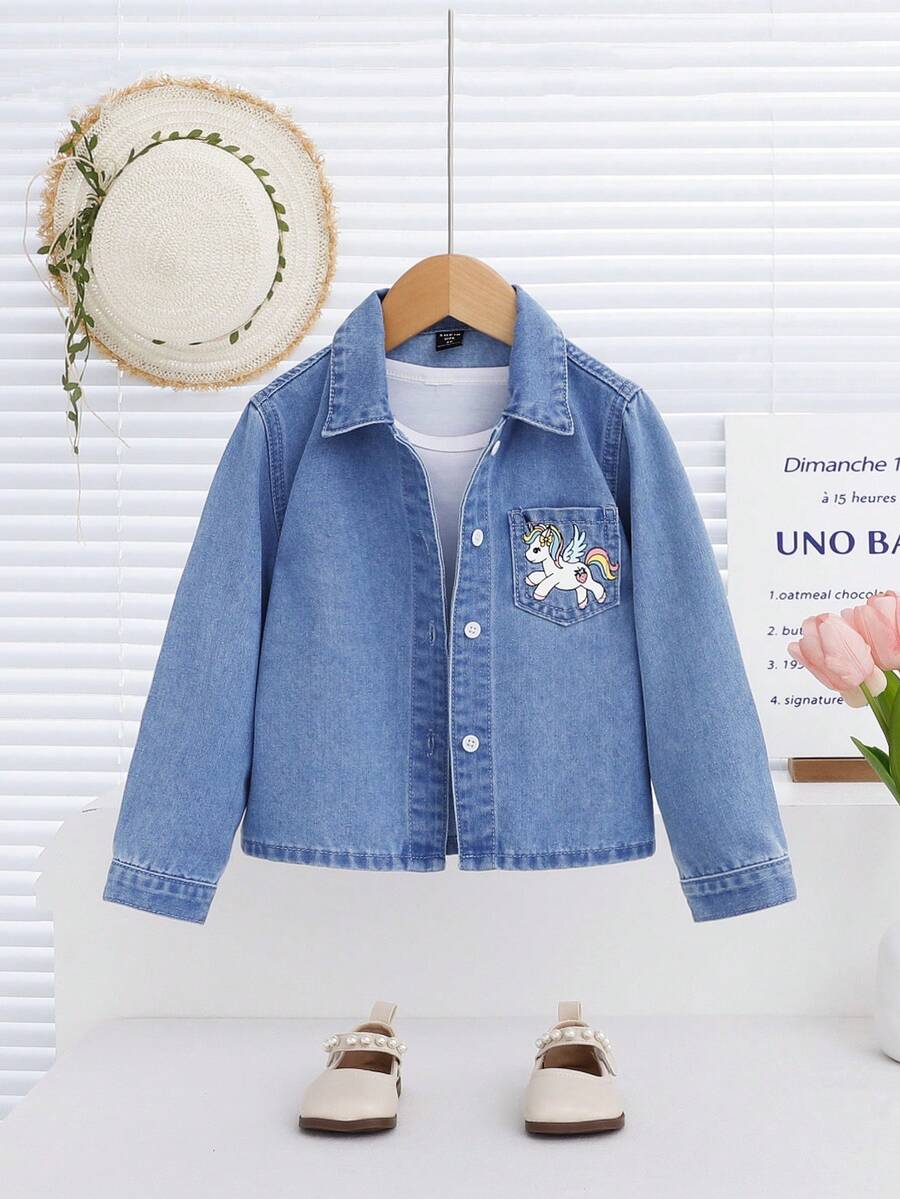 SHEIN 女孩（小童）牛仔外套，春夏輕便外套，可愛圖案印花 - 淺色水洗藍 - 查看 1